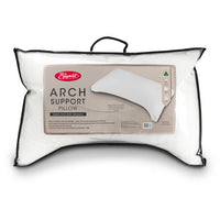 White arch support pillow with a visible brand label on a white background